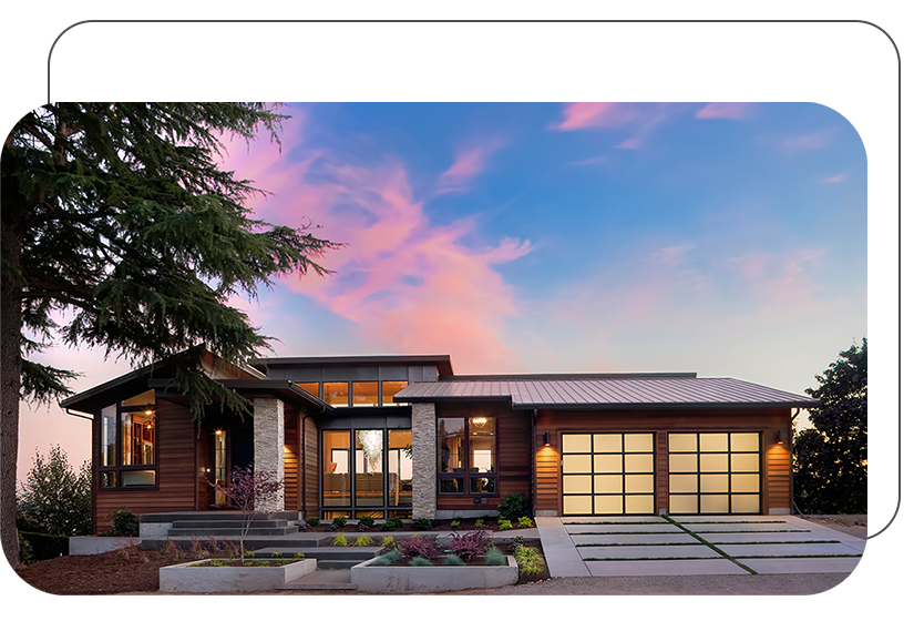 exterior of modern rancher home at sunset